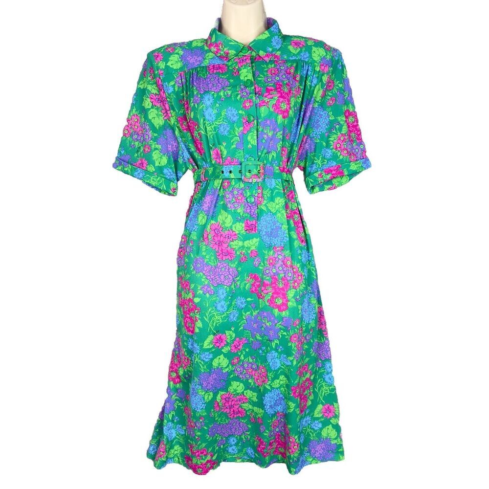 Ken Scott VTG 70s‎ Shirt Dress Womens Sz M/L (EU 48) Green Floral Made in Italy